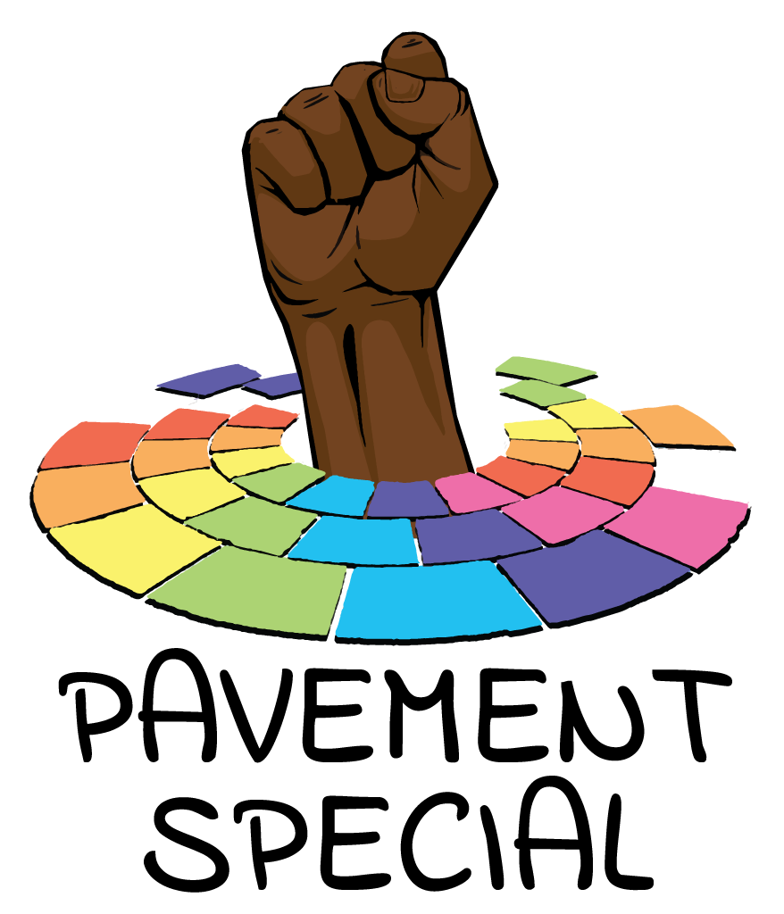 Pavement Special with circular rainbow paving and raised black fist.